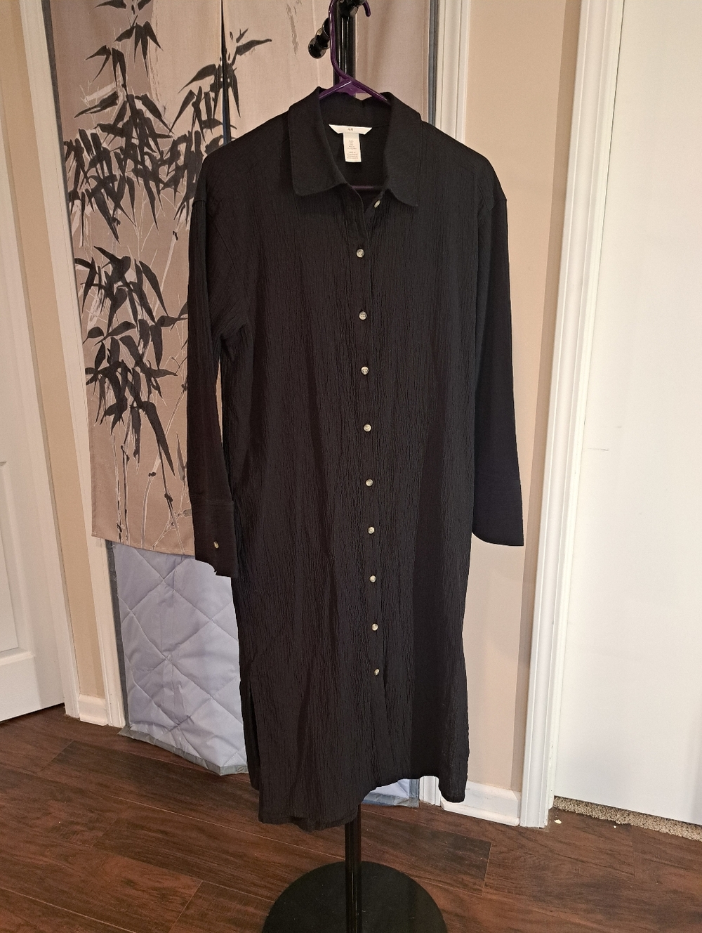 100% Cotton H&M Black Button Up Crêpe shirt midi dress, Cover up Sz S